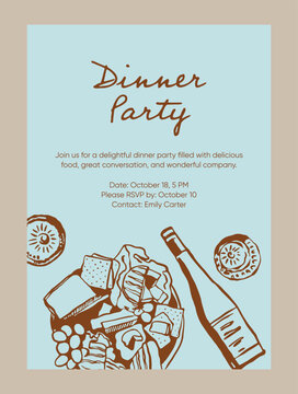 Elevate your next gathering with this elegant Dinner Party invitation. Charming hand-lettered script and rustic wine & cheese line art. Print-ready, stylish, and perfect for any dinner celebration.