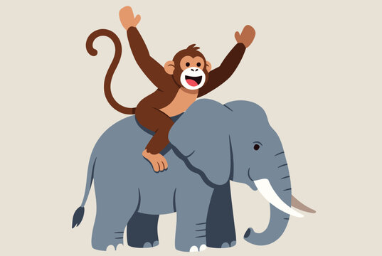 Cheerful cartoon monkey with raised arms riding on the back of a friendly grey elephant with white tusks.