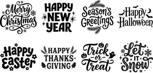 Fototapeta premium Festive Holiday Greeting Typography Collection with Merry Christmas, Happy New Year, Halloween, Easter, Thanksgiving, and More