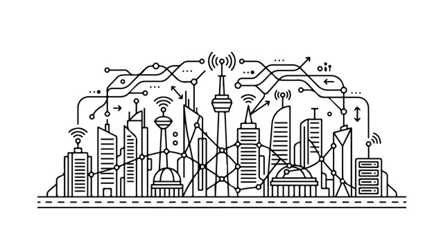 Modern city skyline with interconnected data networks and wireless signals symbolizing digital connectivity and urban infrastructure.