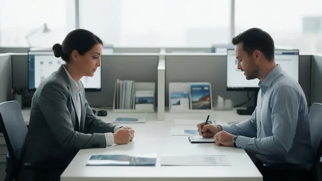 Medium shot inside a semiopen cubicle focusing on the interaction between advisor and client with brochures and screens softly blurred in the background.