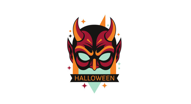 Retro Devil Mask Halloween Celebration Icon with Stars and Geometric Shapes