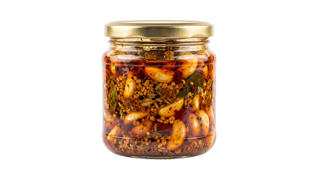 lahsun achar featuring whole garlic cloves preserved in a rich, aromatic blend of mustard oil and traditional pickling spices, enclosed in a clear glass jar with a golden lid