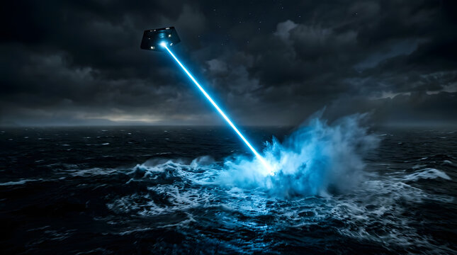 Stealth drone firing blue laser beam into dark stormy ocean