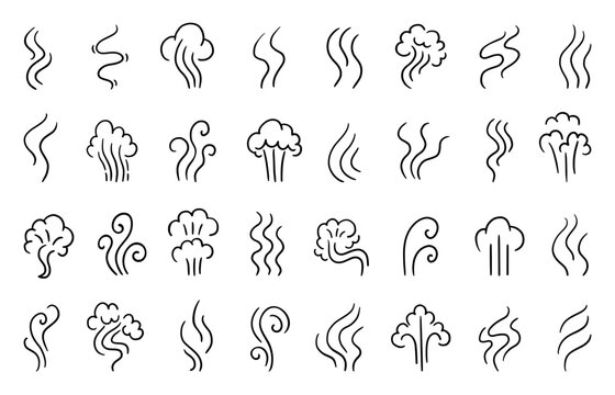 Doodle smoke effects. Black steam and clouds of smoking or fog. Comic cartoon explosion effect. Simple abstract smell lines design, neoteric vector clipart