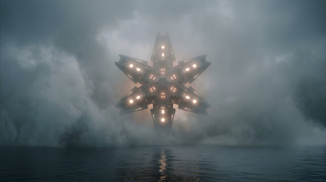 Futuristic star-shaped alien spacecraft hovering over ocean in fog