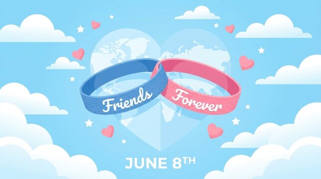Friends forever concept with two intertwined wristbands on a heartshaped world map background, june 8th celebration