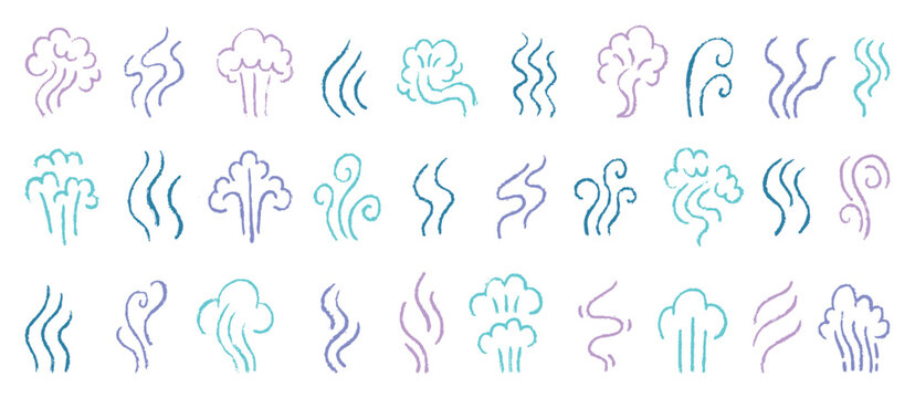 Crayon steam icons. Smoke, fog and smell pencil drawing isolated elements for comic. Children drawing style. Explosion clouds, neoteric vector set