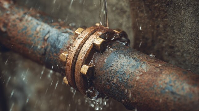 Rusty pipe flange leaking water, showing backflow preventer repair installation and maintenance concept.