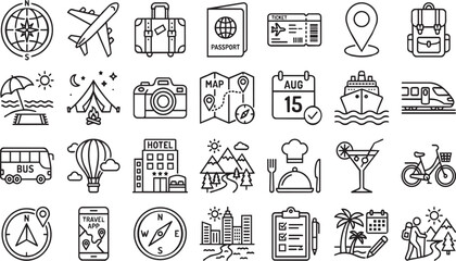 Detailed collection of tourism and travel themed vector graphic icons featuring transportation and vacation elements displayed on transparent background © Ahmad