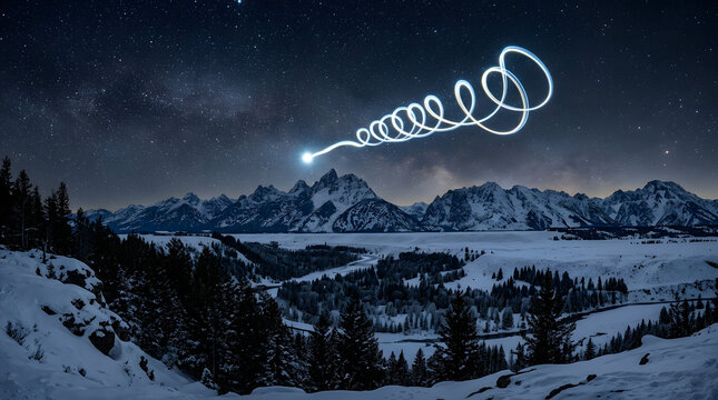 Spiraling light trail over snowy mountain landscape at night