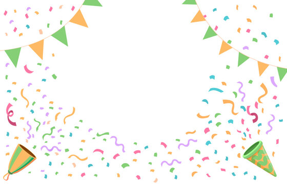 Party poppers banner. Celebrating bright poster with falling confetti, colorful ribbons, garlands with flags and firecrackers, sapid vector template