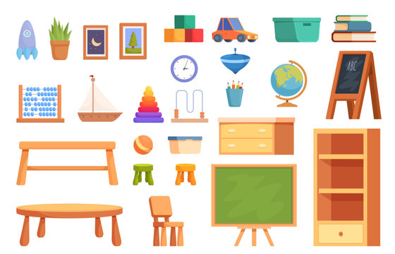 Preschool furniture. Plastic and wooden accessories, toys, decoration. Isolated shelf, stools and chair, desk, pictures and chalkboard, sapid vector elements