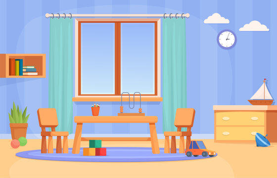 Children playroom interior. Toddler kindergarten area for play. Preschool room with desk, stools, toys and shelf. Kids design sapid vector scene