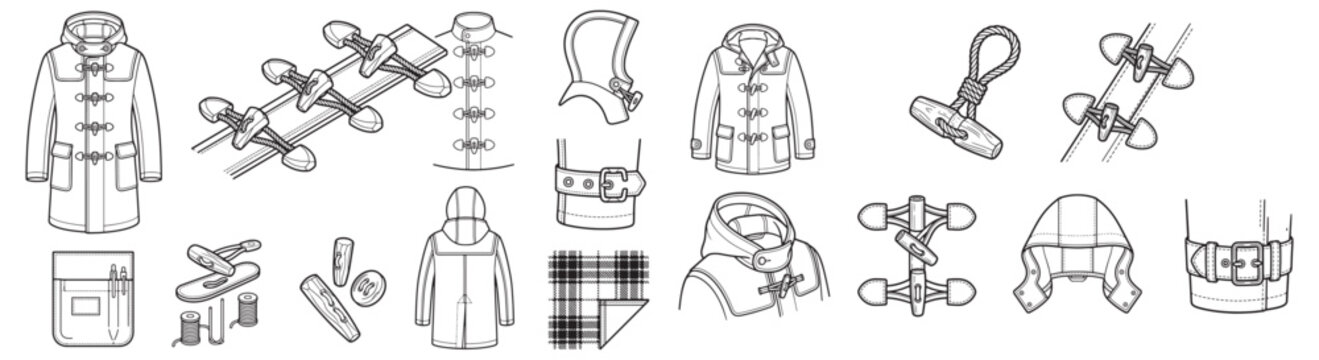Duffle Coat Design Illustration With Toggle Closures, Hood, Pockets and Pattern Pieces for Sewing