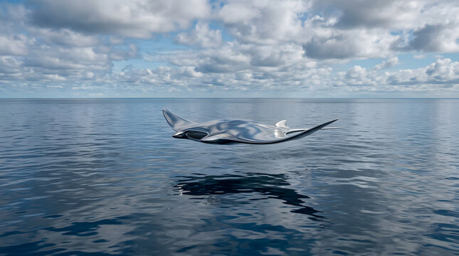 Futuristic metallic manta ray shaped vessel on calm ocean