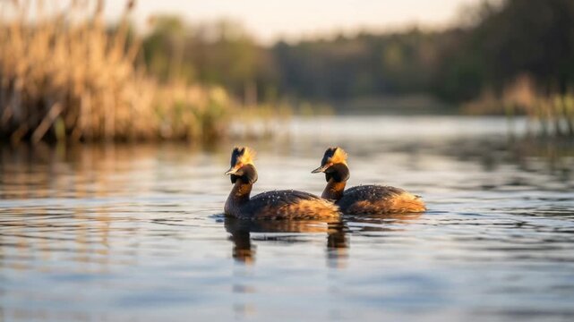 two eared grebes on north american freshwater lake swimming close up at morning light video