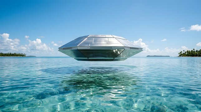 Futuristic metallic UFO-shaped structure hovering over tropical ocean