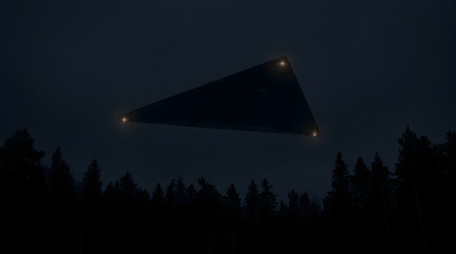 Triangular UFO with lights hovering over dark forest at night