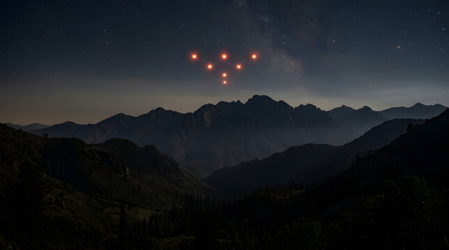 Mysterious orange lights hovering over mountain range at night