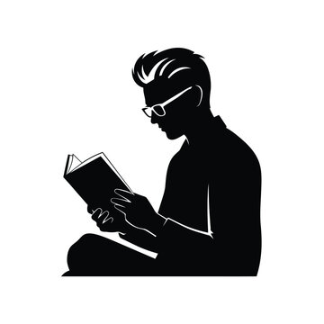 Reading man with glasses black silhouette reader