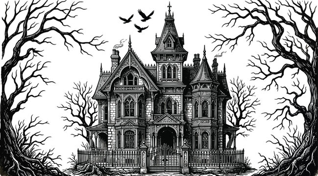 Spooky haunted house illustration for halloween day decorations and creepy designs