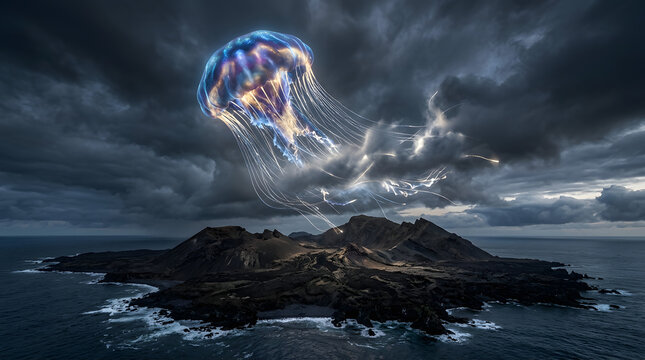 Giant glowing jellyfish floating above volcanic island at dusk