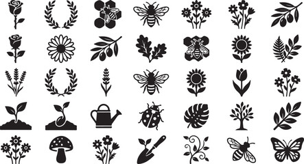 Set of black icons featuring bees flowers plants and garden nature elements for design projects © OMESA