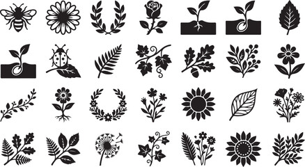Set of black nature icons featuring flowers leaves plants and garden insects in flat style © OMESA