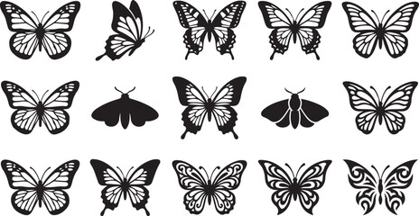 Set of black butterfly silhouettes and detailed insect icons in various artistic styles © OMESA