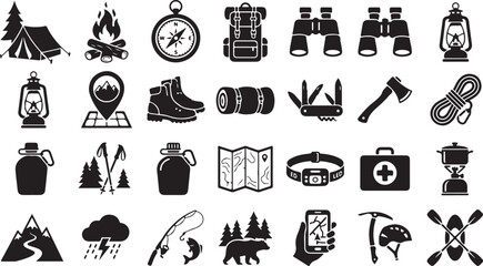 Set of black camping and hiking icons including tent backpack compass and outdoor adventure gear © OMESA