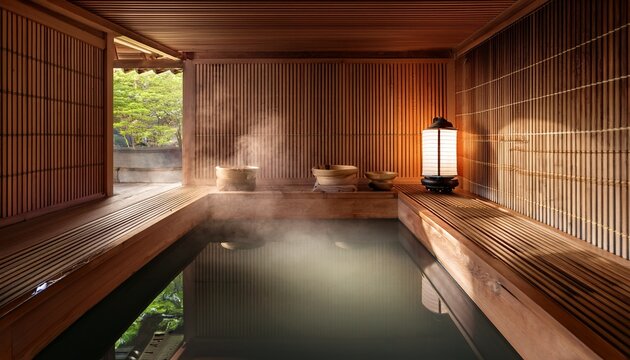 Traditional Japanese indoor hot spring bath with steam rising over water in a wooden onsen with paper lantern and garden view