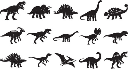 Set of black silhouettes of different prehistoric dinosaurs and flying reptiles © OMESA