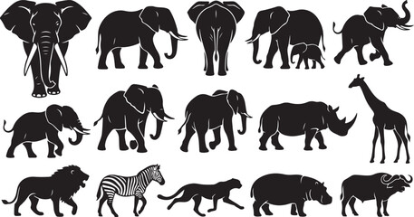 Set of black silhouettes of african wild animals like elephants lions giraffe rhino and zebra © OMESA