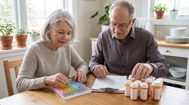 Older Couple Coordinating Daily Medicines With Pill Organizer At Home