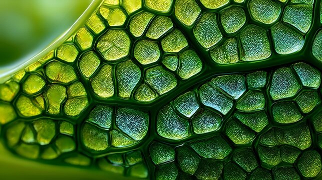 Extreme macro of succulent leaf surface displaying translucent water storage cells illuminated through soft side lighting premium botanical science background
