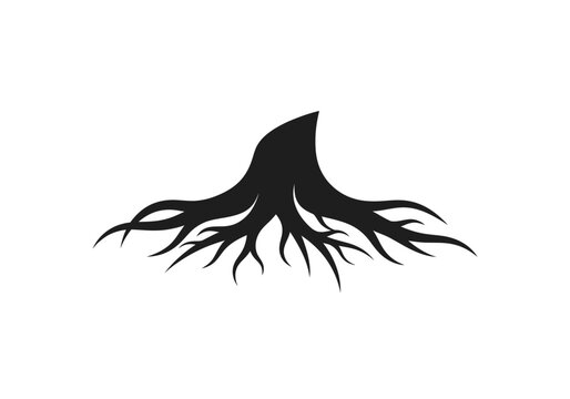 A black silhouette of a tree stump with exposed roots on a white background.