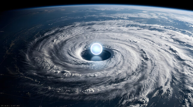 Massive hurricane with glowing orb in eye seen from space