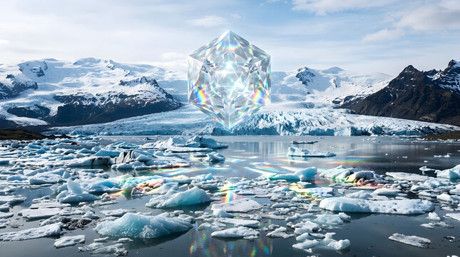 Giant crystal diamond floating over glacial lagoon with icebergs