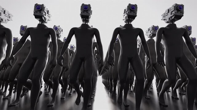Endless 3d animation loop of humanoid cyborgs. Concept of total control, mass monitoring, privacy loss and futuristic corporate dictatorship.