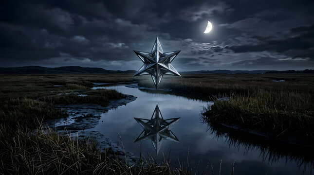 Metallic star sculpture in marshland under crescent moon at night