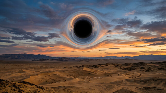 Black hole vortex hovering over desert landscape at sunset