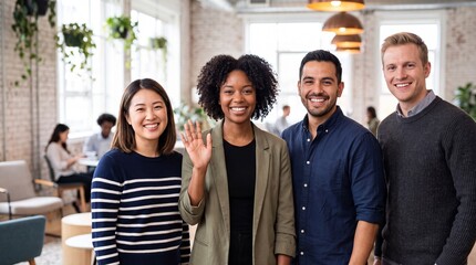 Obraz premium A diverse group of young professionals smiling and waving in a modern office space with a coworking area in the background.