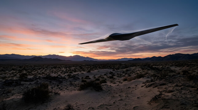 Futuristic stealth aircraft flying over desert at sunset