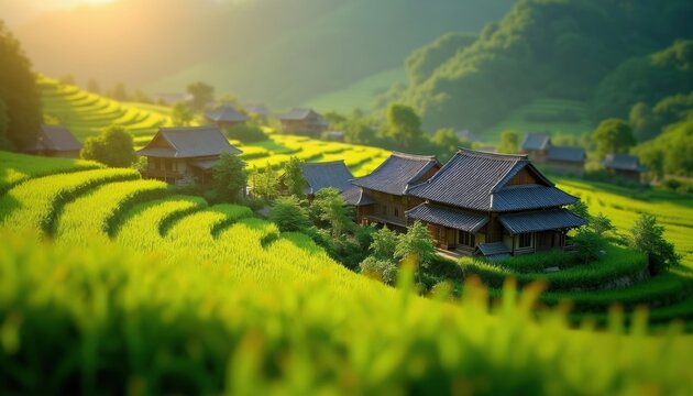 Miniature tilt shift view of traditional wooden houses in green rice paddy fields. Terraced farm landscape in rural Asia with hills under golden sunlight. Peaceful countryside village scenery with