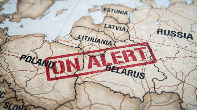 On alert stamp on map of eastern european region with lithuania, geopolitics