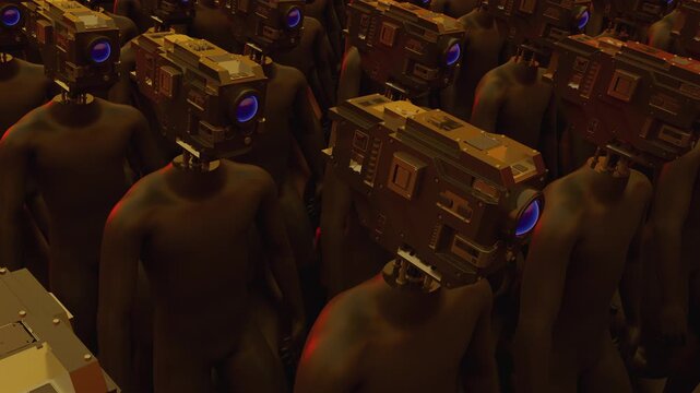 Endless 3d animation loop of humanoid cyborgs. Concept of total control, mass monitoring, privacy loss and futuristic corporate dictatorship.