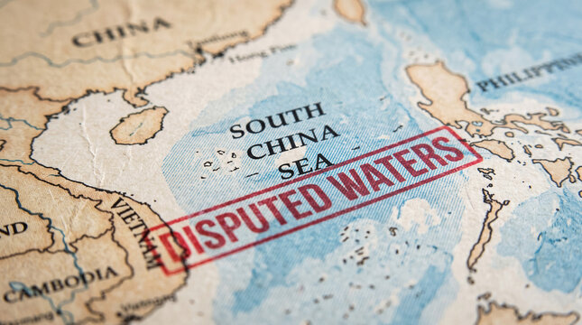 Disputed waters stamp on south china sea map with disputed, philippines
