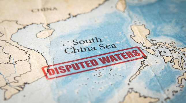 Geopolitical concept map showing south china sea disputed waters with disputed