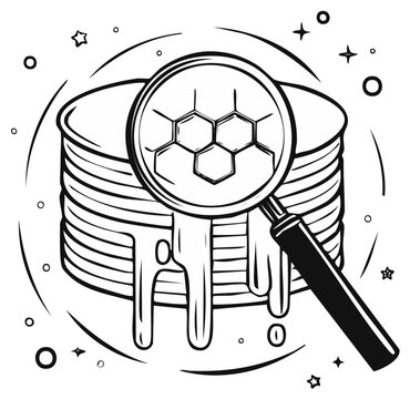 Magnifying glass reveals molecular structure of honey on stack of pancakes